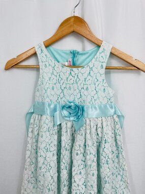 Jessica Ann Sky Blue Dress with White Lace and Blue Ribbon Girl Dress